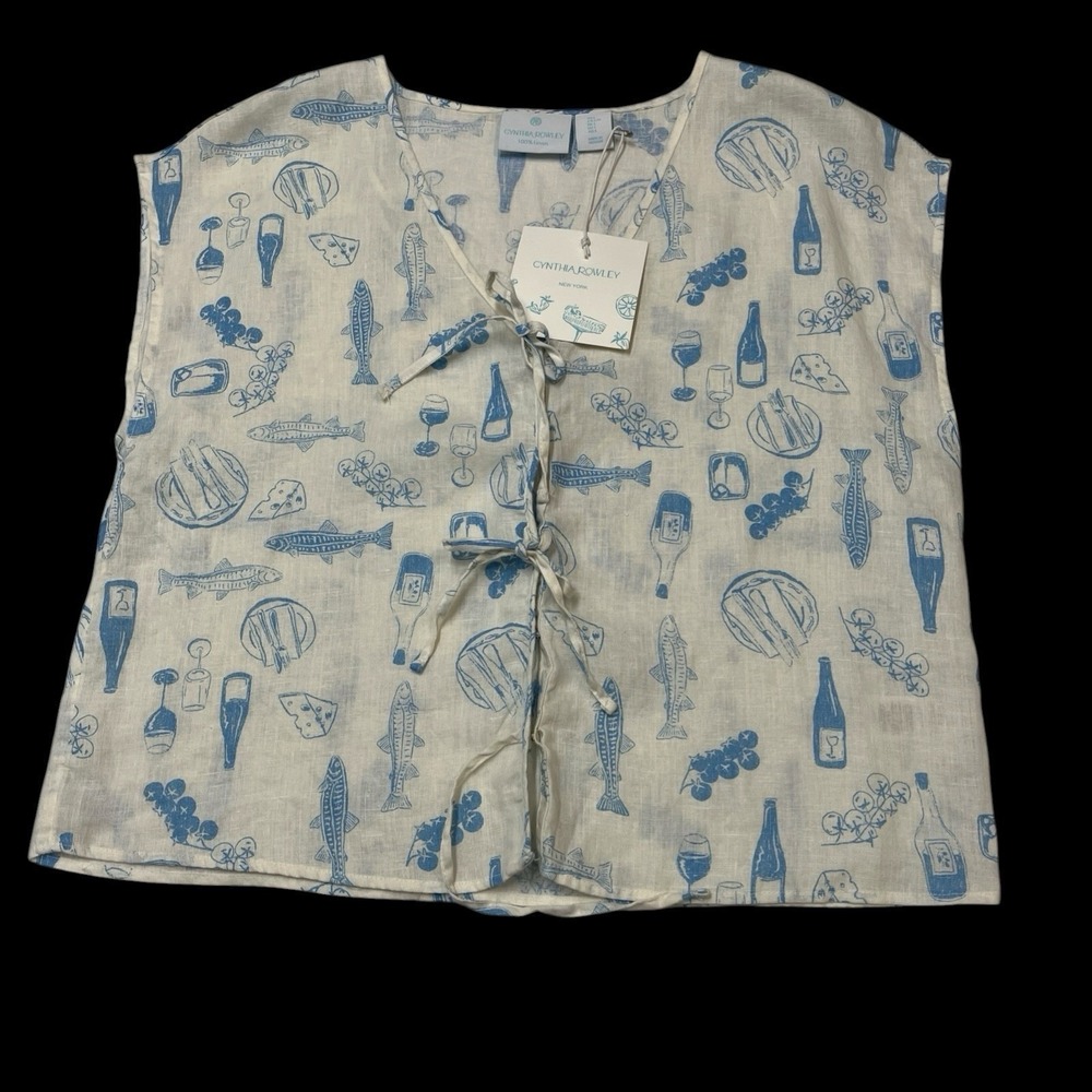 Cynthia Rowley Top White Linen Blue Italian Wine Print L Euro Summer Vacation - Picture 1 of 16